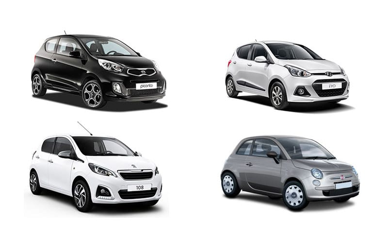 Четыре модели из группы автомобилей «мини». Показаны следующие автомобили: Kia Picanto, Hyundai i10, Peugeot 108 и Fiat 500.