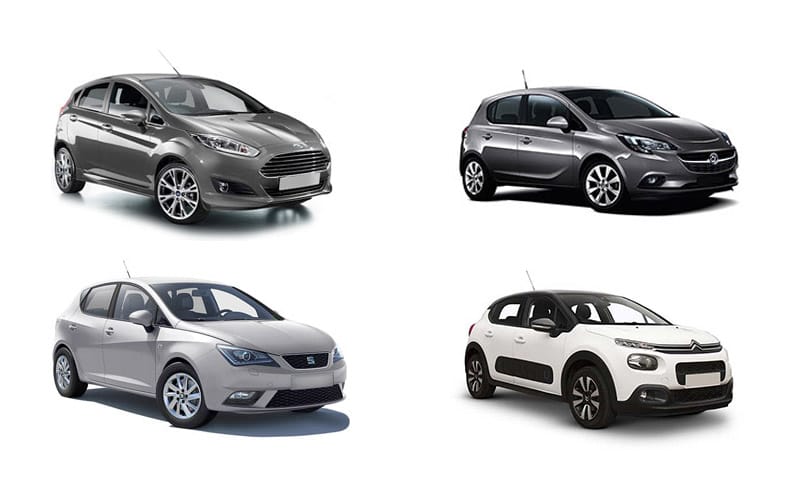 Четыре модели из группы автомобилей «эконом». Показаны следующие автомобили: Ford Fiesta, Vauxhall Corsa, Seat Ibiza и Citroen C3